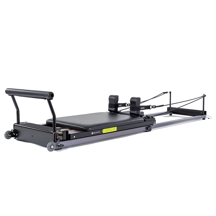 Metro IQ Reformer with Library Wheels extended for home Pilates workout Metro IQ Reformer with Library Wheels extended for home Pilates workout