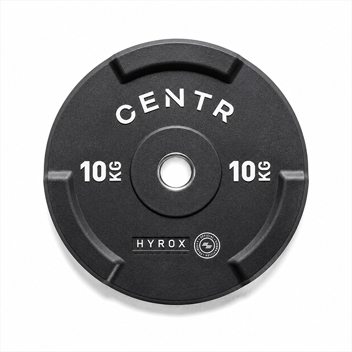 Official HYROX 10kg Edge Bumper Plate with weight markings visible on the edge Official HYROX 10kg Edge Bumper Plate with weight markings visible on the edge