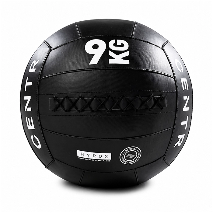 Official HYROX Competition Wall Ball 9 Kg with non-slip vinyl texture and visible weight markings Official HYROX Competition Wall Ball 9 Kg with non-slip vinyl texture and visible weight markings