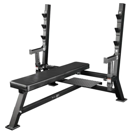 Olympic Flat Bench Press Racks Black with 12-gauge steel frame and tripod base