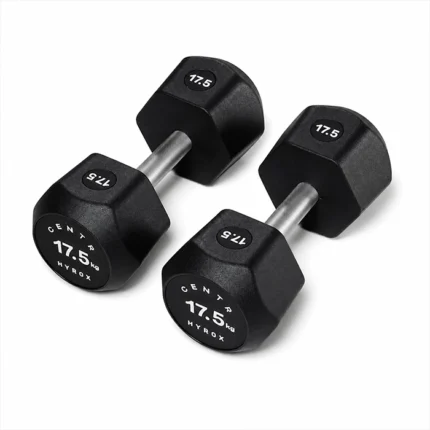 Pair of Centr x HYROX 17.5kg commercial urethane dumbbells on a gym floor Centr x HYROX Commercial Dumbbell Pair