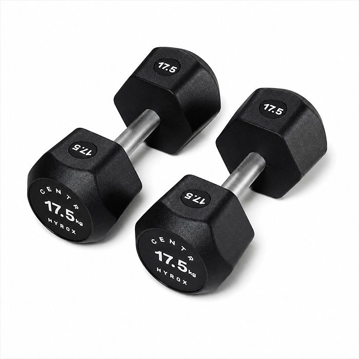 Pair of Centr x HYROX 17.5kg commercial urethane dumbbells on a gym floor Centr x HYROX Commercial Dumbbell Pair Pair of Centr x HYROX 17.5kg commercial urethane dumbbells on a gym floor Centr x HYROX Commercial Dumbbell Pair