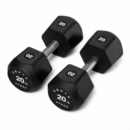 Pair of Centr x HYROX 20kg Commercial Dumbbell Pair on a gym floor