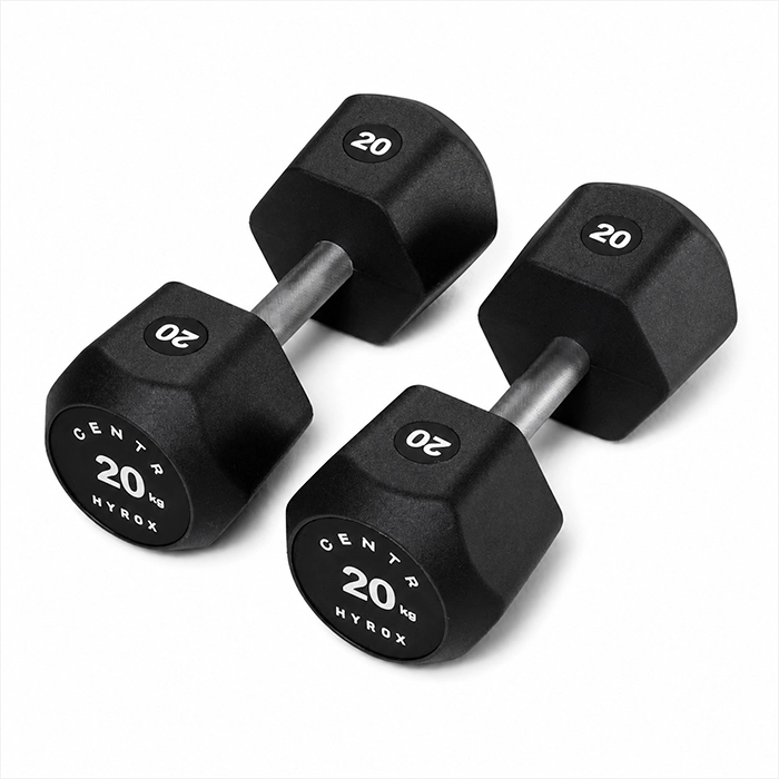 Pair of Centr x HYROX 20kg Commercial Dumbbell Pair on a gym floor Pair of Centr x HYROX 20kg Commercial Dumbbell Pair on a gym floor
