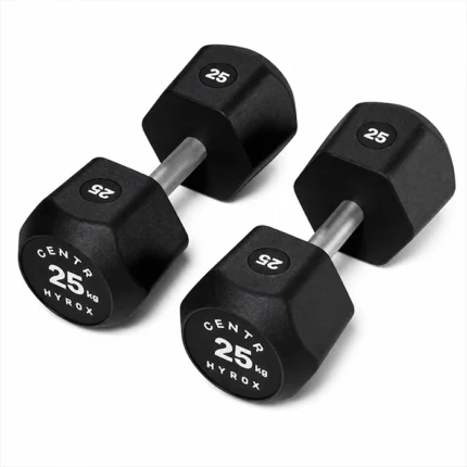 Pair of Centr x HYROX 25kg Commercial Dumbbell Pair on a gym floor
