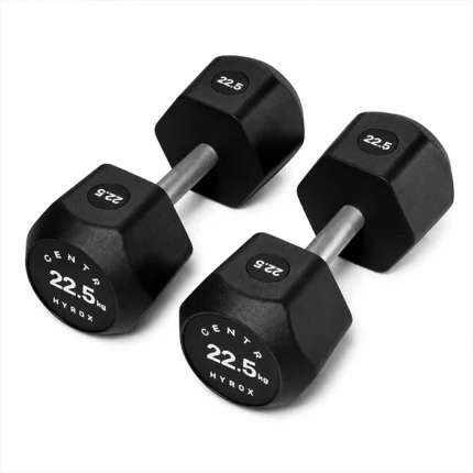 Pair of Centr x HYROX Commercial Urethane Dumbbell on a gym floor