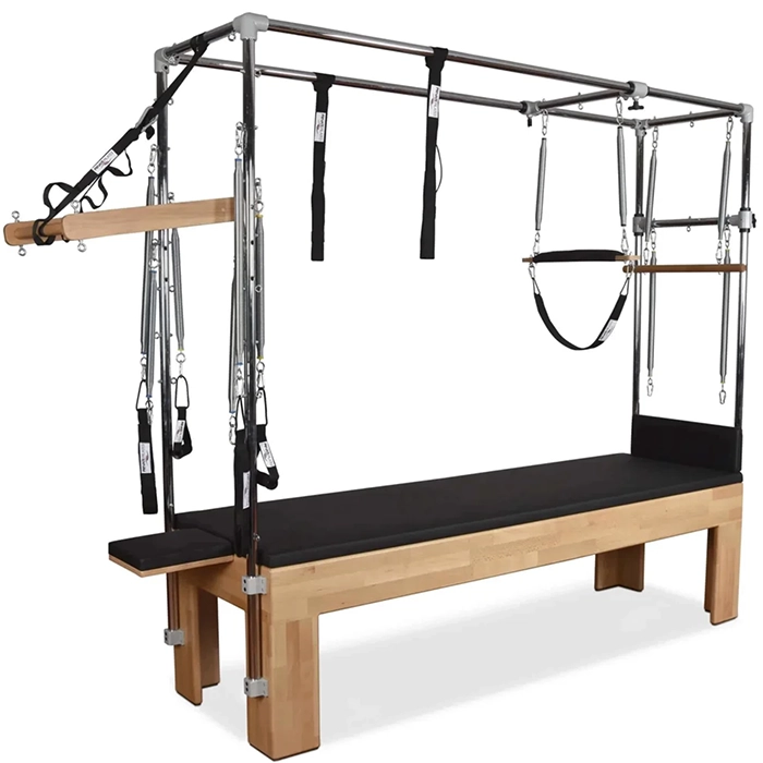 Private Pilates Wood Cadillac Table with solid beechwood frame and chrome tower