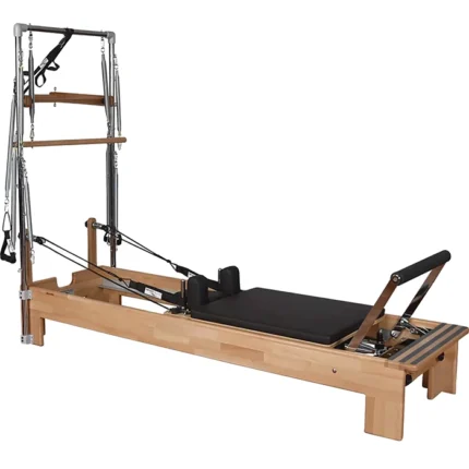 Private Pilates Wood Reformer with Tower featuring solid beechwood frame and steel tower
