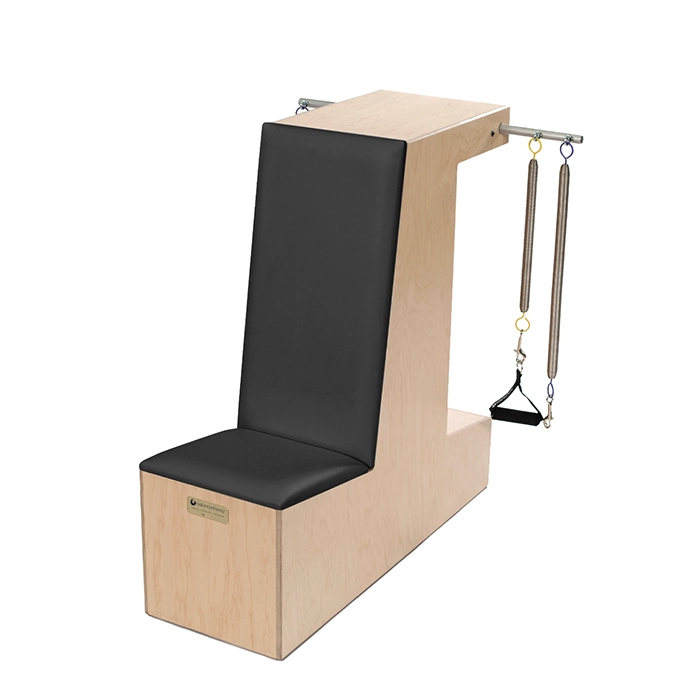 Solid maple Balanced Body Pilates Arm Chair with purple and yellow signature springs Solid maple Balanced Body Pilates Arm Chair with purple and yellow signature springs