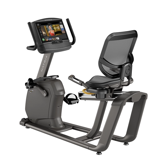 The Bike R30 Recumbent Matrix 16 inch XIR with its large 16-inch XIR touchscreen console, showcasing its step-through design