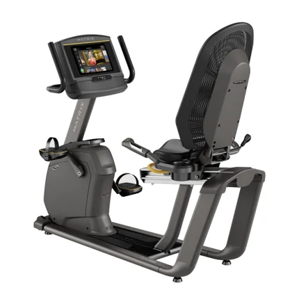 The Bike R50 Recumbent Matrix 10 inch XER with its 10-inch XER touchscreen console, showcasing its step-through design