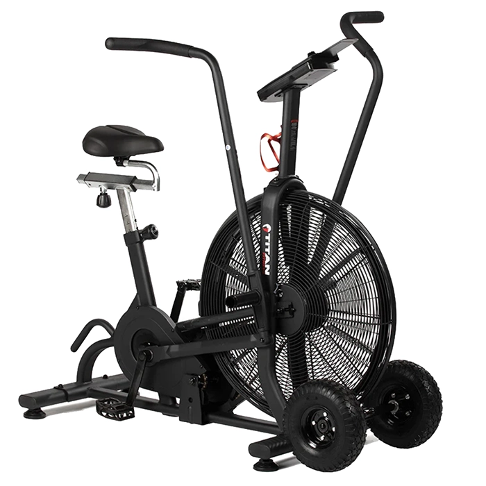 The Fan Bike Titan Fitness, showcasing its robust steel frame and prominent fan The Fan Bike Titan Fitness, showcasing its robust steel frame and prominent fan
