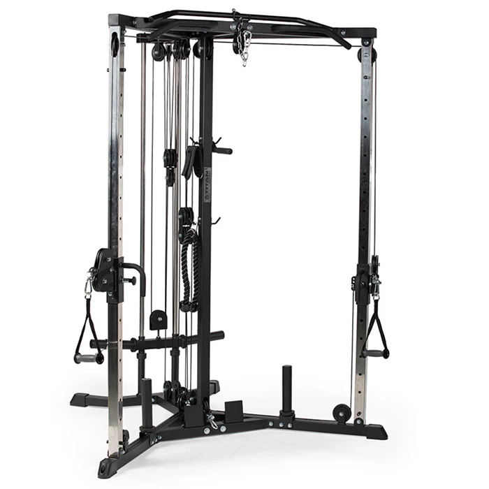 The Functional Trainer Plate Loaded, showcasing its robust steel frame, dual weight sleeves, and various pulley stations The Functional Trainer Plate Loaded, showcasing its robust steel frame, dual weight sleeves, and various pulley stations