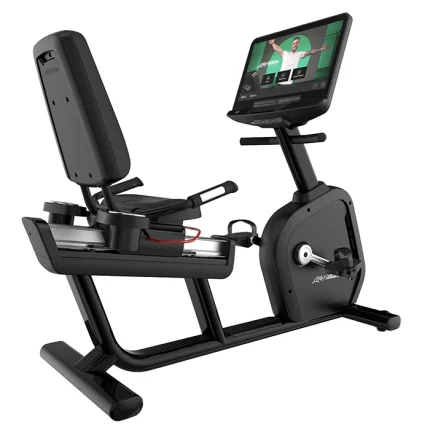 The Life Fitness Club Series Plus Recumbent Lifecycle SE4, showcasing its comfortable recumbent design and console