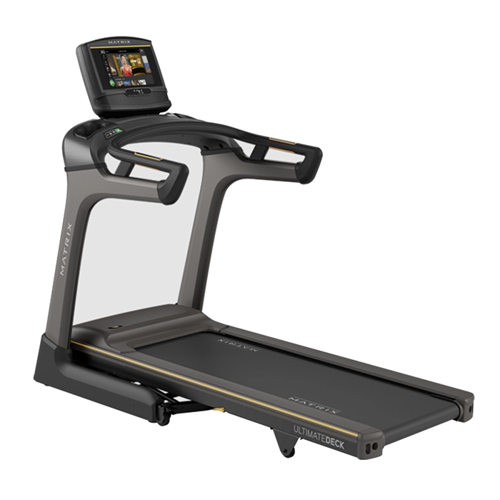The Matrix TF30 Folding Treadmill 10 inch XER with its large 10-inch XER touchscreen console, shown in its upright, folded position The Matrix TF30 Folding Treadmill 10 inch XER with its large 10-inch XER touchscreen console, shown in its upright, folded position