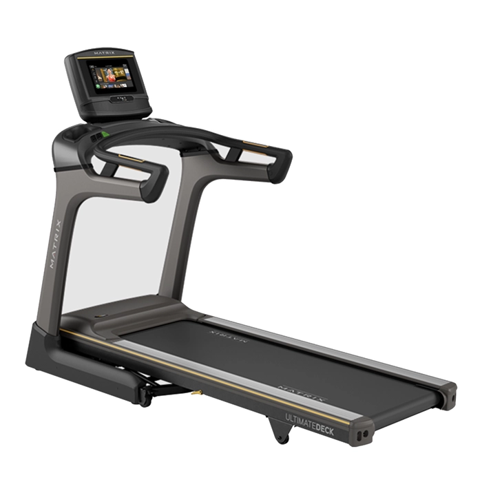 The Matrix TF50 Folding Treadmill 10 inch XER with its large 10-inch XER touchscreen console, shown in its upright, folded position The Matrix TF50 Folding Treadmill 10 inch XER with its large 10-inch XER touchscreen console, shown in its upright, folded position