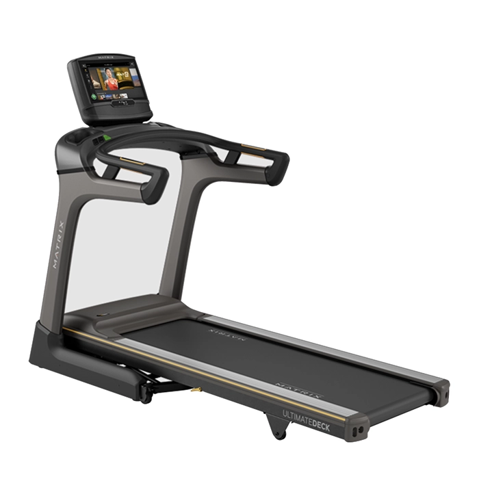 The Matrix TF50 Folding Treadmill 16 inch XIR with its large 16-inch XIR touchscreen console, shown in its upright, folded position The Matrix TF50 Folding Treadmill 16 inch XIR with its large 16-inch XIR touchscreen console, shown in its upright, folded position