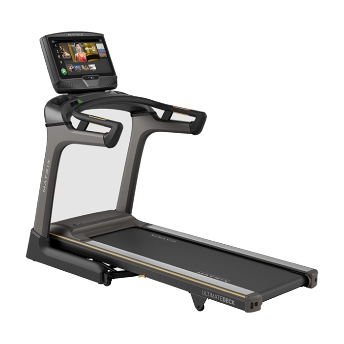 The Matrix TF50 Folding Treadmill 22 inch XUR with its large 22-inch XUR touchscreen console, shown in its upright, folded position The Matrix TF50 Folding Treadmill 22 inch XUR with its large 22-inch XUR touchscreen console, shown in its upright, folded position