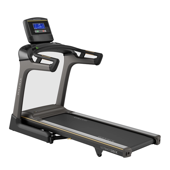 The Matrix TF50 Folding Treadmill 8.5 inch XR with its 8.5-inch XR LCD console, shown in its upright, folded position The Matrix TF50 Folding Treadmill 8.5 inch XR with its 8.5-inch XR LCD console, shown in its upright, folded position