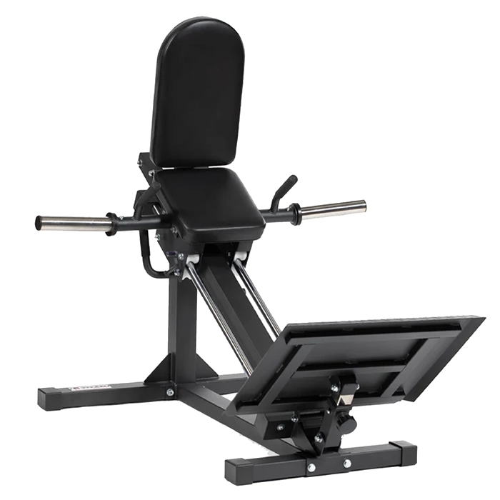 The Plate Loaded Linear Hack Squat machine, showcasing its robust frame, sled carriage, and cushioned pads The Plate Loaded Linear Hack Squat machine, showcasing its robust frame, sled carriage, and cushioned pads