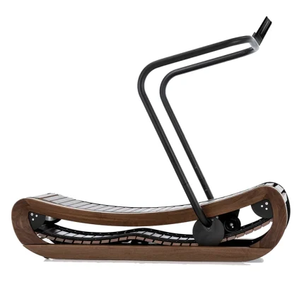 The Treadmill Sprintbok V2 Walnut, showcasing its beautiful curved Walnut wooden frame and self-powered design