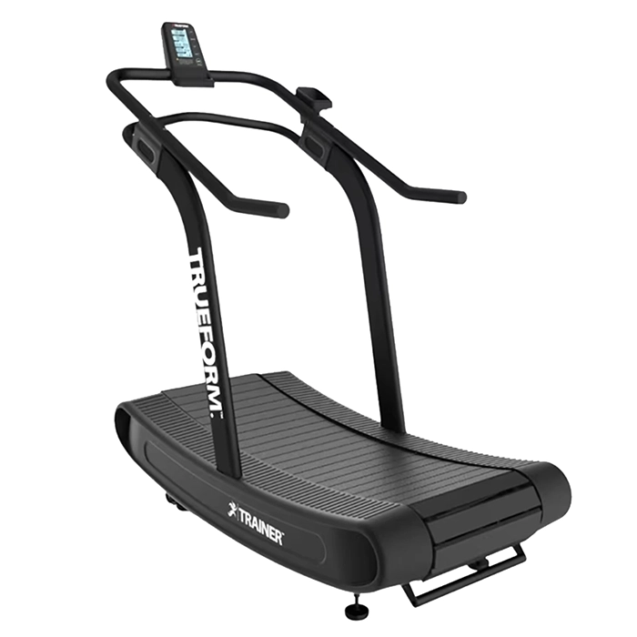 The Treadmill Trainer Curved TrueForm, showcasing its distinctive curved shape and sleek black design gym The Treadmill Trainer Curved TrueForm, showcasing its distinctive curved shape and sleek black design gym