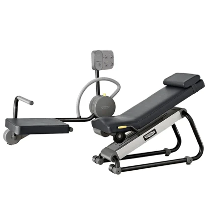 User performing a guided posterior chain stretch on the Technogym Flexability Posterior machine