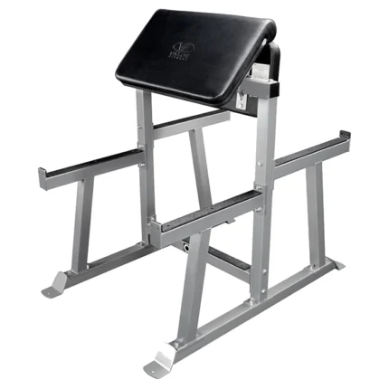 Valor Fitness Standing Preacher Curl Bench with heavy-duty steel frame and 19.5-inch safety catches
