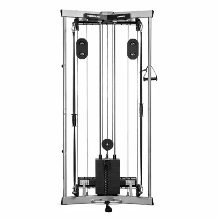 Wall-mounted ANKER 3 Wall Mounted Functional Trainer with a platinum frame and a 200 lb weight stack in a modern home gym